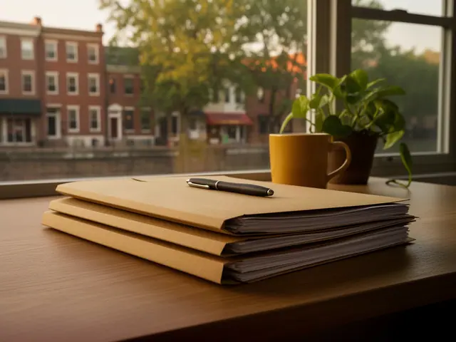 A neat stack of closed manila folders and a pen on a desk by a window.