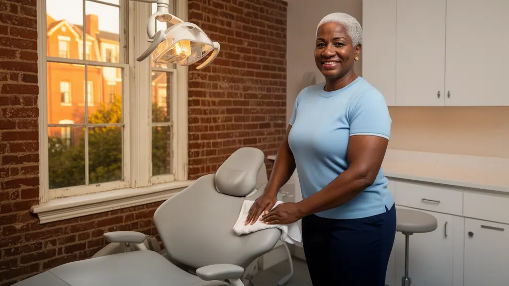A dentist wiping down a new dental chair in a treatment room of a converted brick rowhouse.