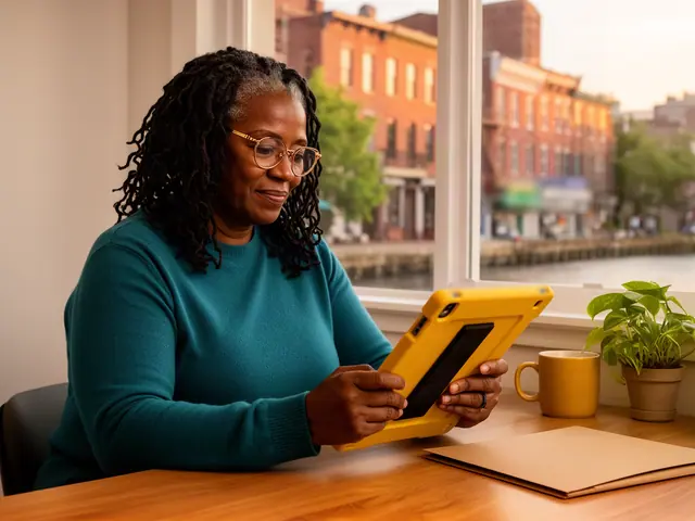 A woman reviewing a tablet at a desk in a small back office.