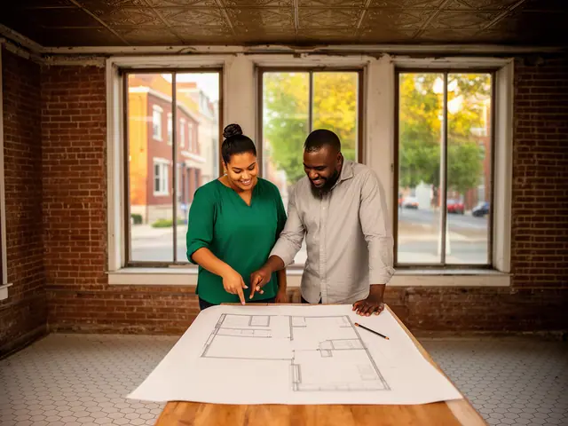 Two business partners looking over a pencil floor sketch in an empty storefront.