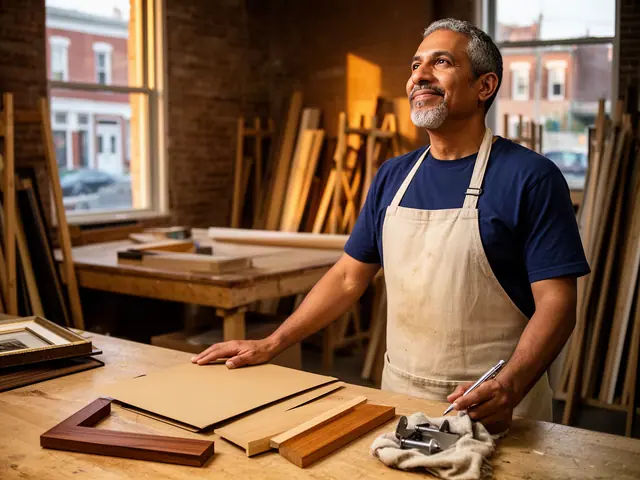 A picture framer at his workbench with walnut frame corners, a clamp and a closed folder.